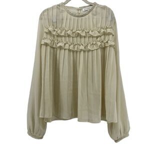 Layla Gray Blouse‎ Ruffle Pleated Long Sleeve Sheer Top